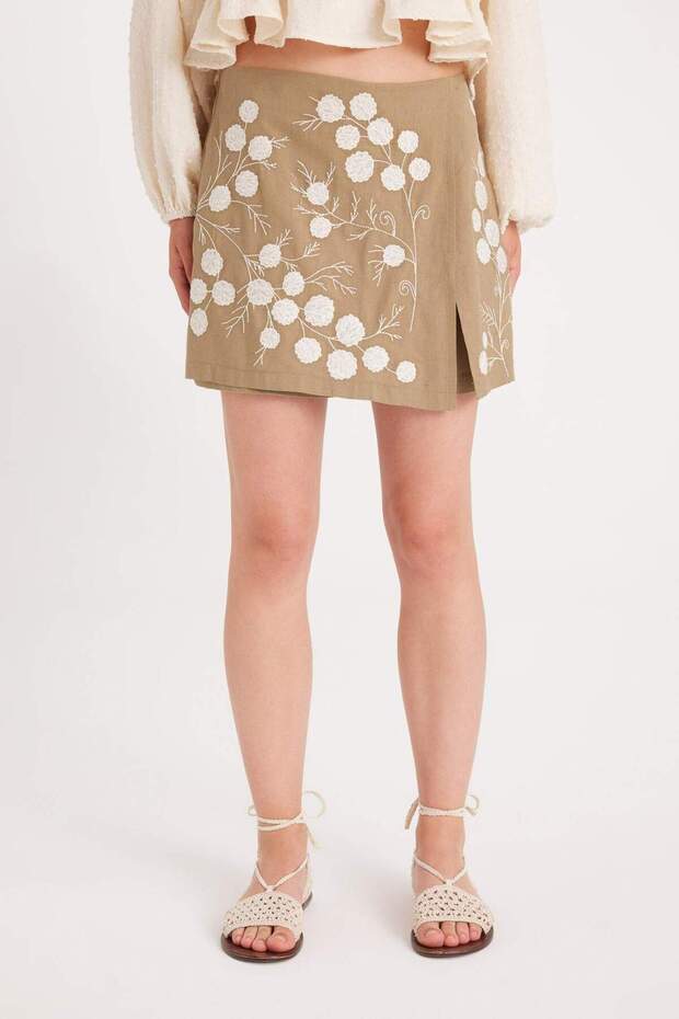 Manuka x Keten Karışımlı Nakışlı Mini Şort Etek D4369AX24HS - 6