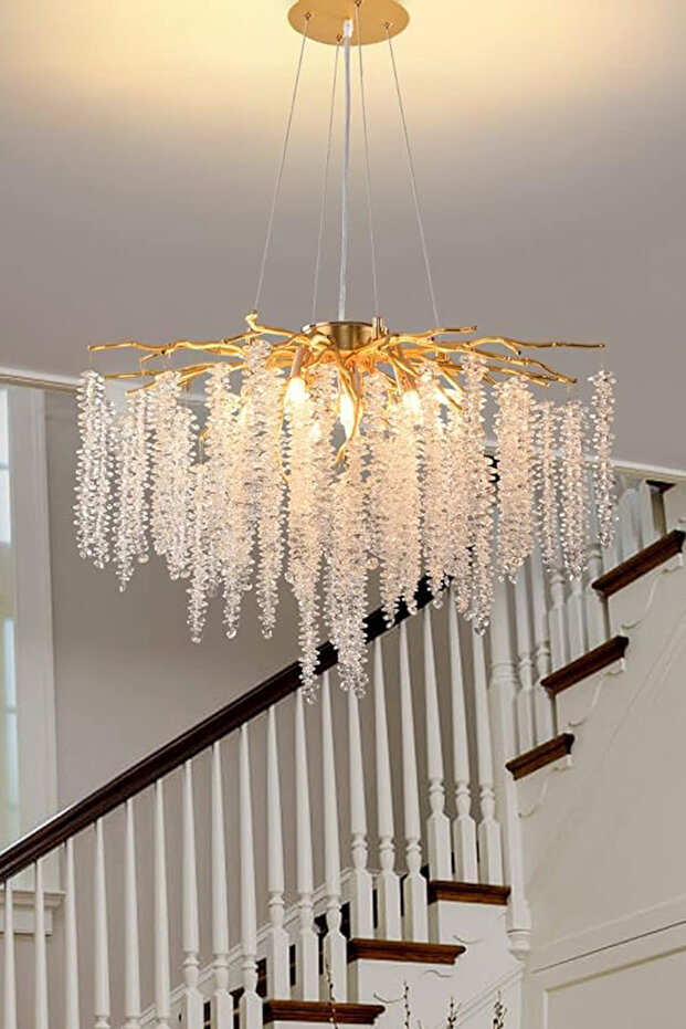 Serip 60lık Yuvarlak Gold Kaplamalı Modern Tasarım Salon Kristal Sarkıt Avize - 2