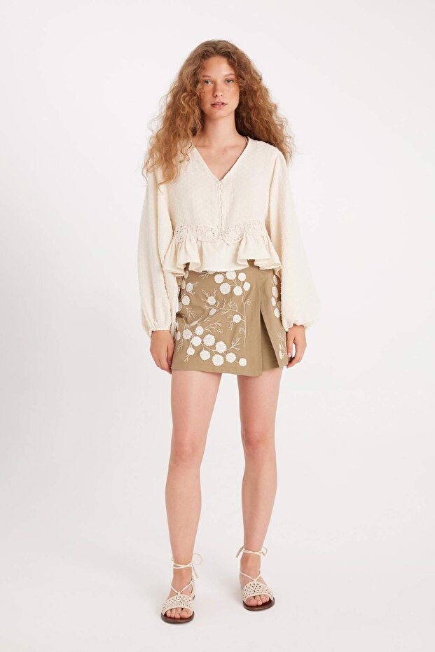 Manuka x Keten Karışımlı Nakışlı Mini Şort Etek D4369AX24HS - 2