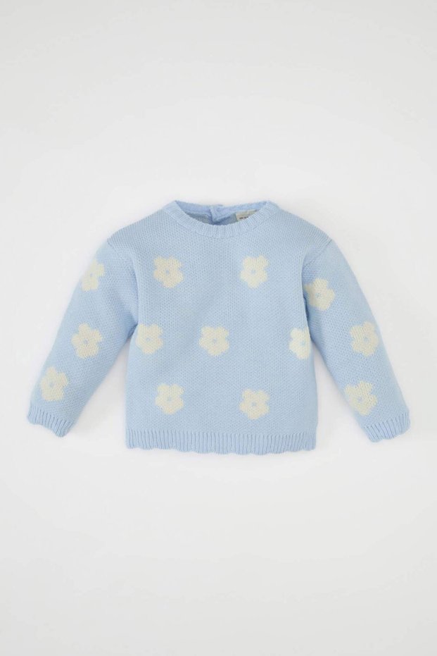 Baby Girl Blue Crew Neck Floral Knitwear Sweater C8309A524Wn