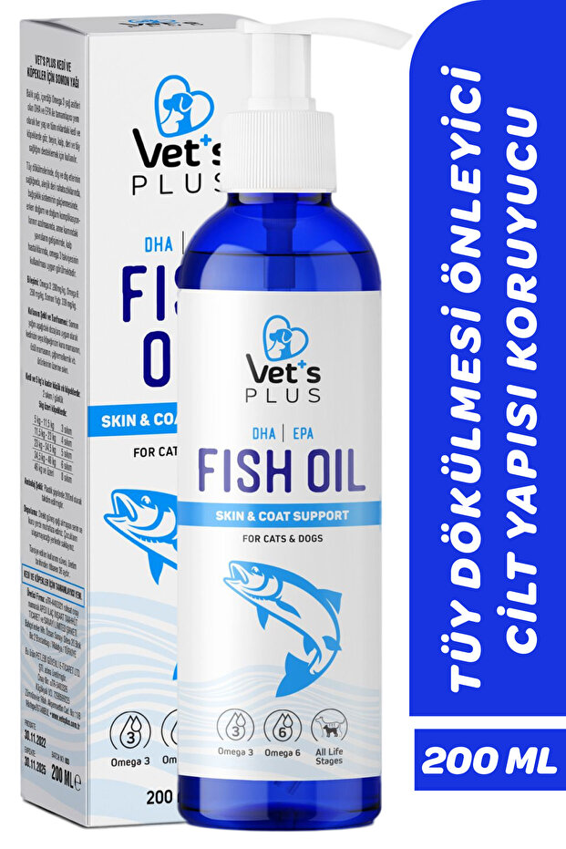 Vet's Plus Balık Yağı 200ml (Omega 3 ve 6 ile Tüy ve Cilt Sağlığı Desteği, Kedi ve Köpekler için)