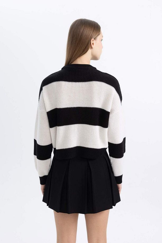 Coool Oversize Geniş Kalıp Bisiklet Yaka Çizgili Triko Kazak X4931AZ24WN - 5