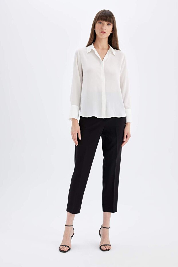 Regular Fit Basic Düz Krep Dokuma Uzun Kollu Beyaz Gömlek D3151AX24AU - 2