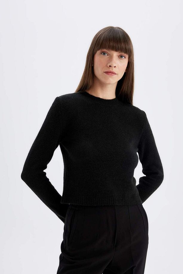 Regular Fit Bisiklet Yaka Premium Basic Düz Crop Triko Kazak C9047AX24WN - 3