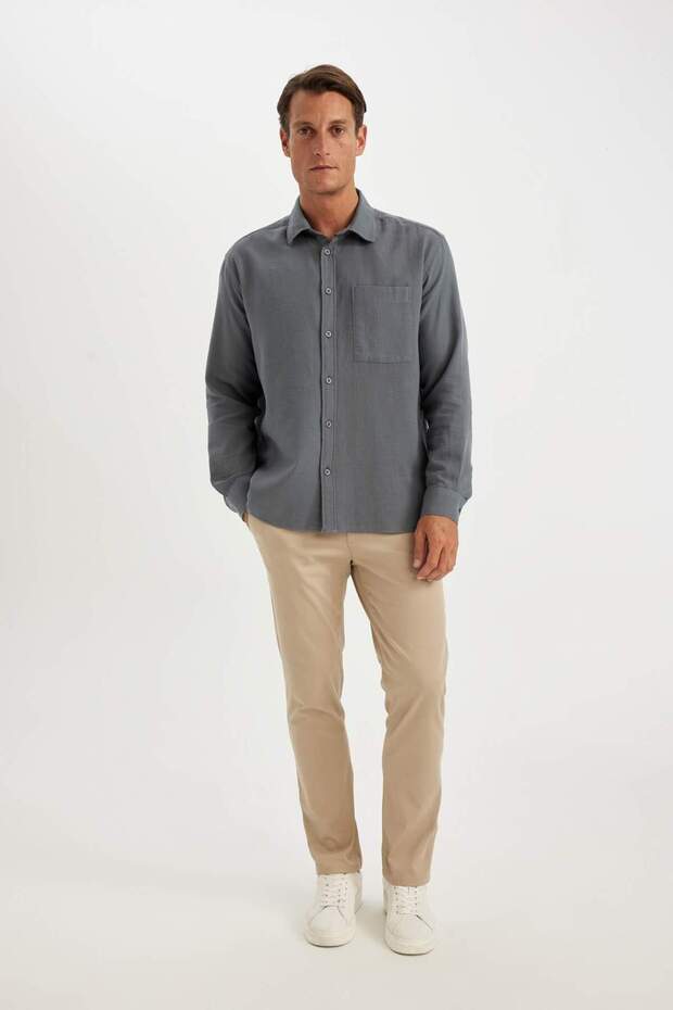 %100 Pamuk Regular Fit Müslin Basic Düz Uzun Kollu Gömlek D2619AX24AU - 2