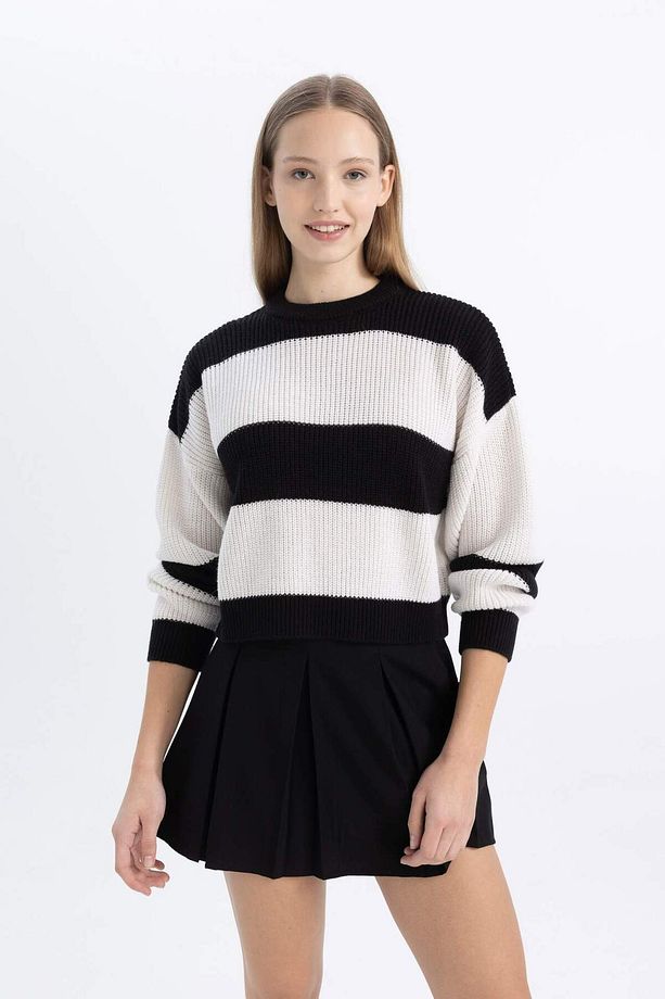 Coool Oversize Geniş Kalıp Bisiklet Yaka Çizgili Triko Kazak X4931AZ24WN - 3