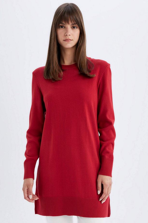 Regular Fit Bisiklet Yaka Yırtmaçlı Basic Düz Kazak Tunik H3431AZ24AU - 1