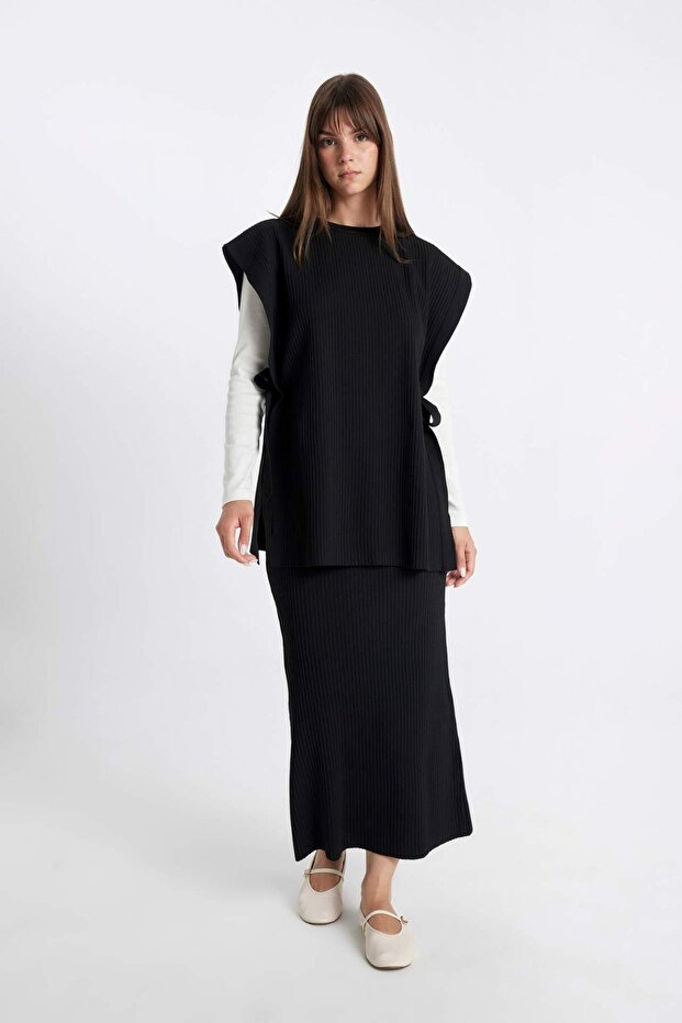 Regular Fit Basic Düz Maxi Siyah Triko Etek A1314AX24AU - 3