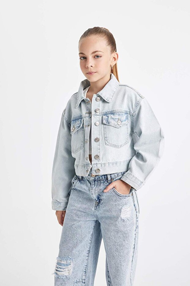 School Buttoned Pocketed Short Denim Jacket Girls C7484A824Au