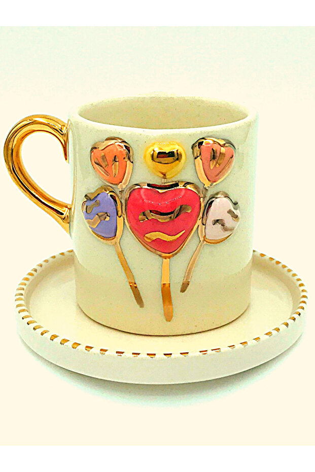 24 Carat Gold Embroidered Pastel Hearts Figured Handmade Double Turkish Coffee Cup