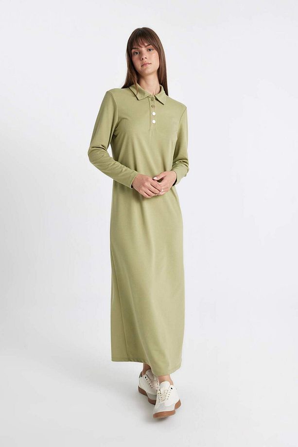 Regular Fit Polo Yaka Uzun Kollu Pike Maxi Basic Düz Elbise D1404AX24AU - 3
