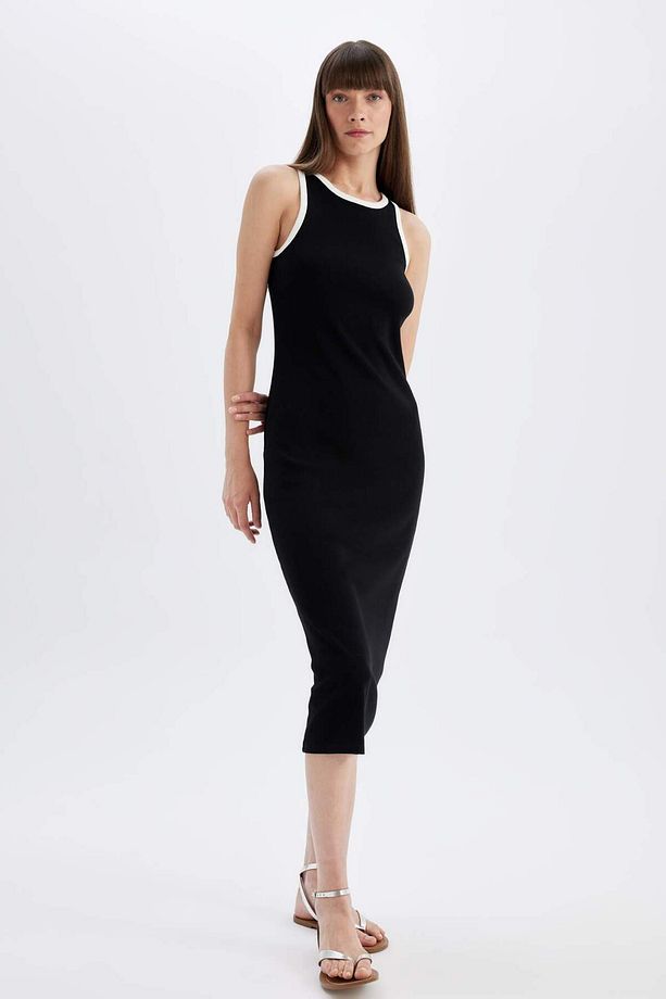 Bodycon Vücudu Saran Basic Düz Fitilli Kaşkorse Kolsuz Midi Elbise D5302AX24HS - 3