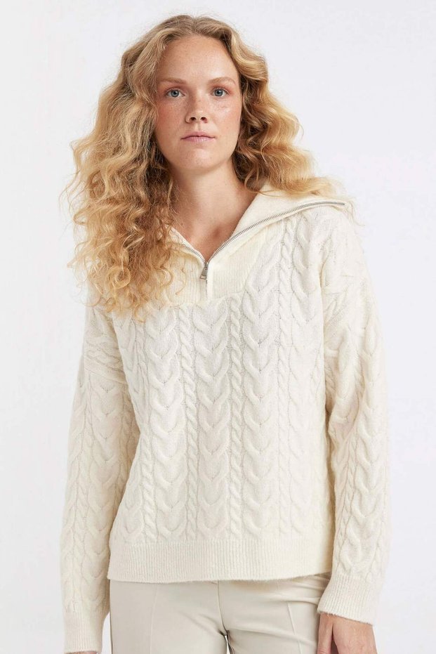 Oversize Wide Fit Half Zipper Stand Collar Hair Braided Knitwear Sweater A3874Ax24Wn