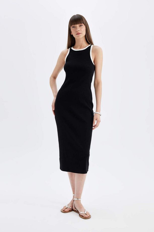 Bodycon Vücudu Saran Basic Düz Fitilli Kaşkorse Kolsuz Midi Elbise D5302AX24HS - 1