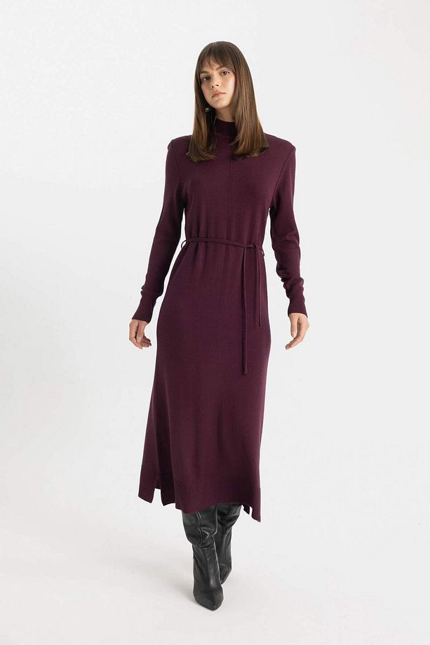 Regular Fit Yarım Balıkçı Yaka Basic Düz Yırtmaçlı Uzun Kollu Maxi Triko Elbise A9807AX24WN - 3