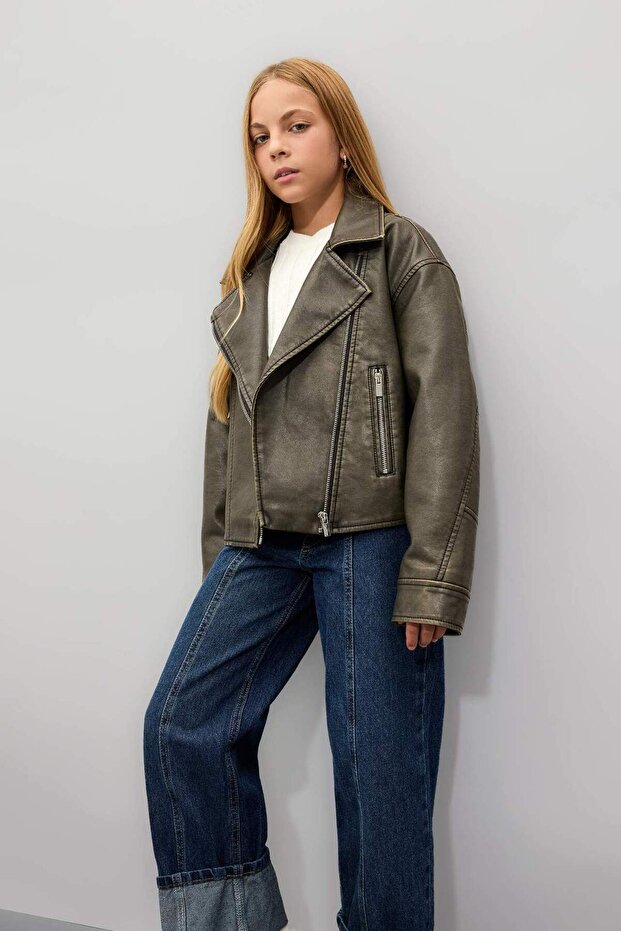 Girl's Water Repellent Jacket Collar Zippered Windproof Faux Leather Coat C4977A824Au