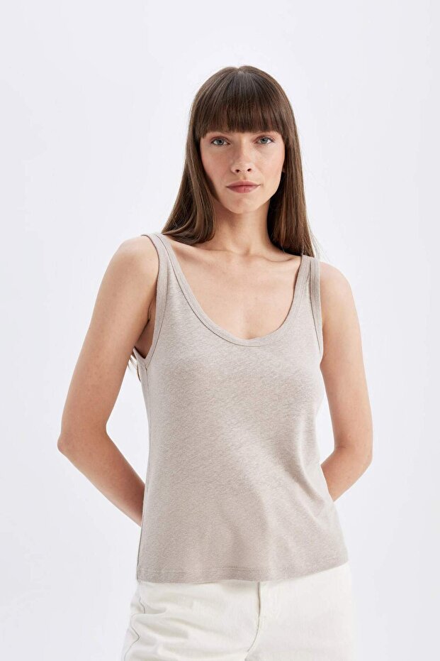 Regular Fit U Yaka Keten Karışımlı Basic Düz Atlet D4453AX24HS - 4
