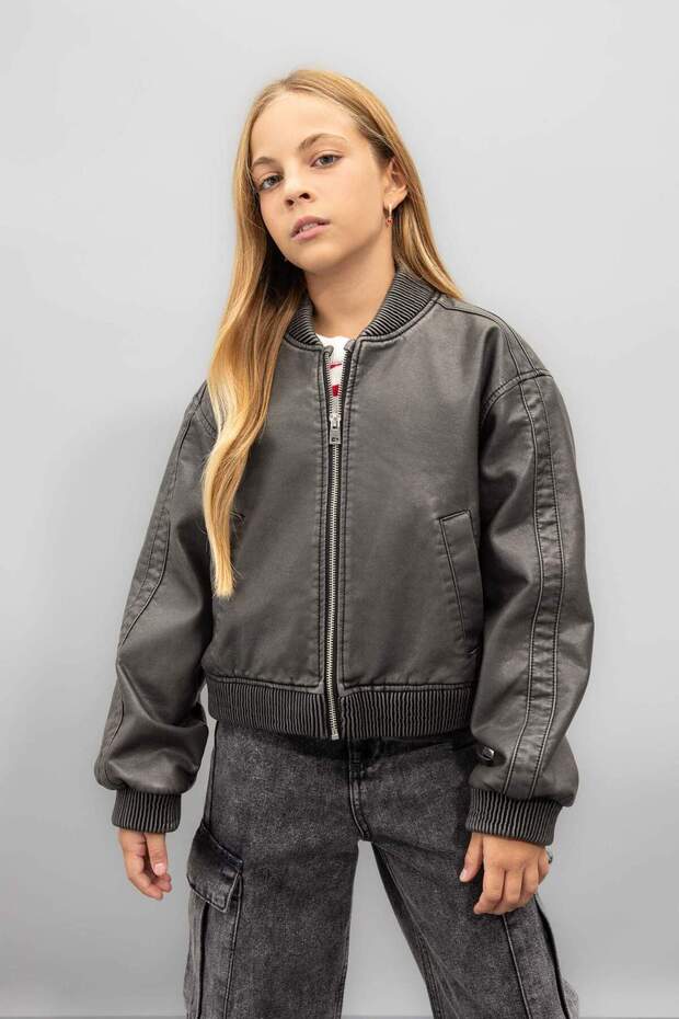 Girls' Water Repellent College Collar Zippered Double Pocket Seasonal Lightweight Faux Leather Bomber Coat Jacket
