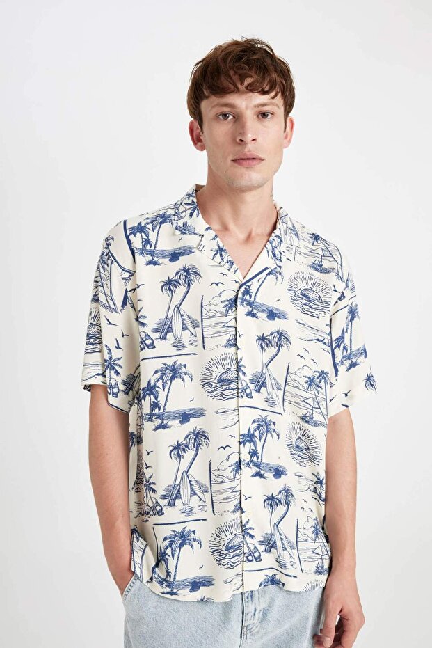 Relax Fit Apaş Collar Hawaiian Printed Viscose Short Sleeve Shirt D4624Ax24Hs