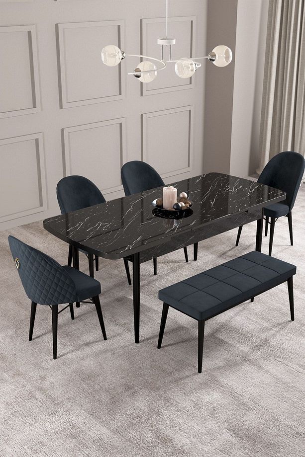Calvin Siyah Mermer Desen 80x132 Mdf Açılabilir Mutfak Masası Takımı 4 Sandalye, 1 Bench - 2