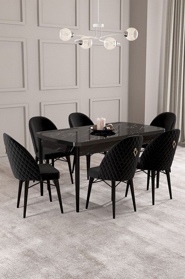 Calvin Siyah Mermer Desen 80x132 Mdf Açılabilir Mutfak Masası Takımı 6 Adet Sandalye - 1