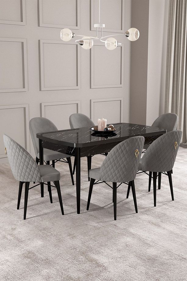 Calvin Siyah Mermer Desen 80x132 Mdf Açılabilir Mutfak Masası Takımı 6 Adet Sandalye - 1