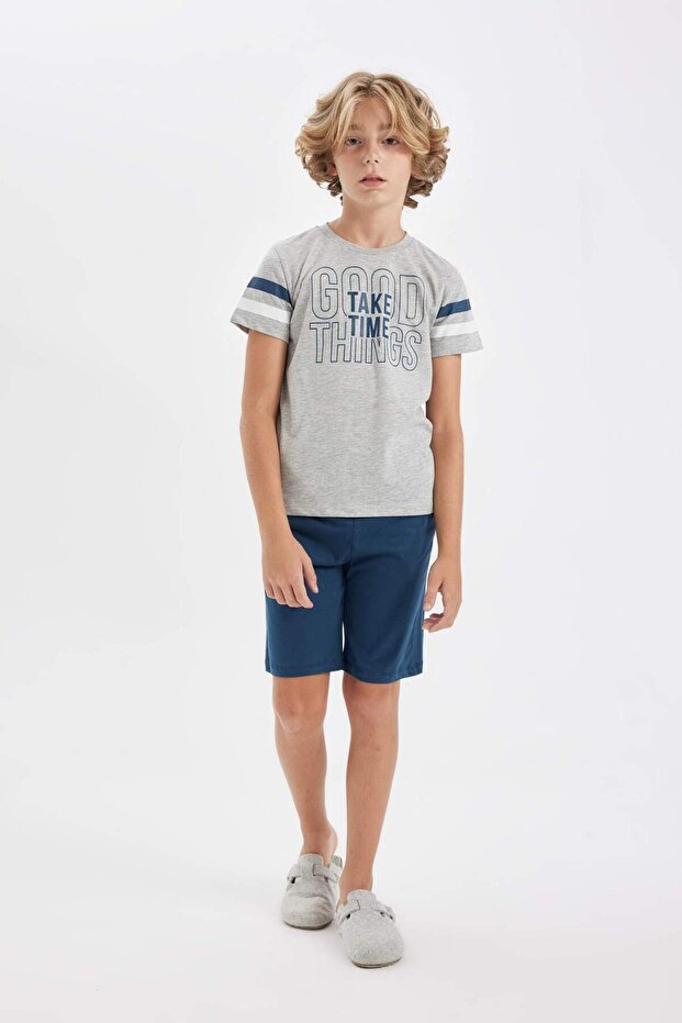 Erkek Çocuk Pijama Takımı Bisiklet Yaka Baskılı Kısa Kollu Şortlu D1210A824SM - 1