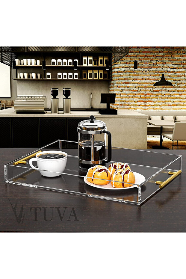 Tuva - New Generation Modern Tray with Gold Handles Transparent Plexiglass (40X40 cm)