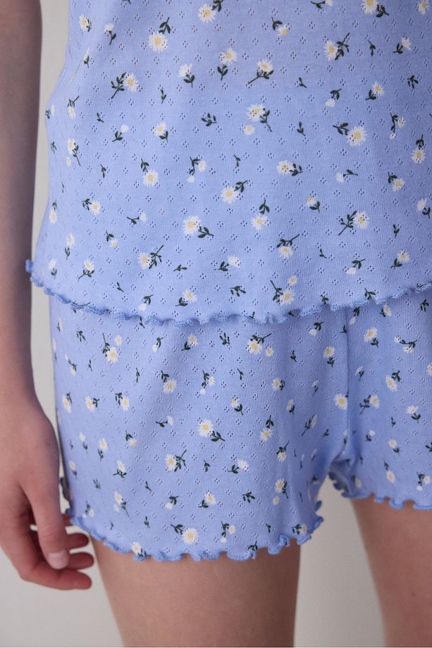 Daisies Pointel Şortlu Açık Mavi Pamuklu Pijama Takımı - 3