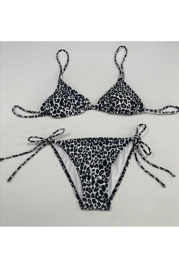 Kadın Leopar Siyah Boyundan İp Bağlamalı Üçgen Bikini Takımı HZL25S-LC5005 - 5