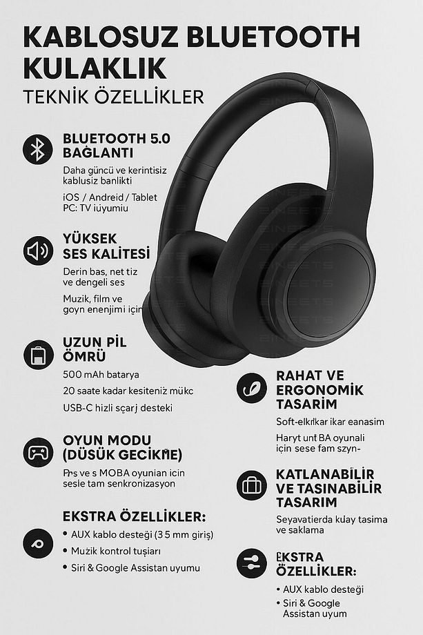 Kablosuz Kulaklık Bluetooth Mikrofonlu Kulaküstü Kulaklık Katlanabilir Siyah Android İos Uyumlu - 8