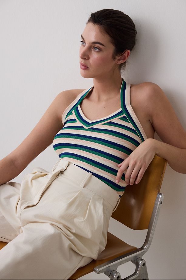 Semi Crop Stripe Halter Çok Renkli Üst - 1