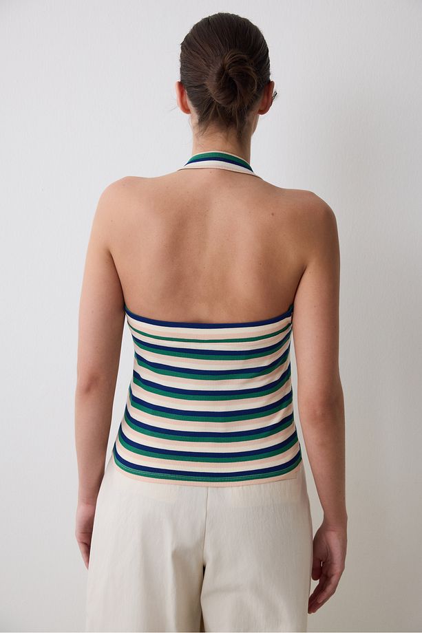 Semi Crop Stripe Halter Çok Renkli Üst - 5