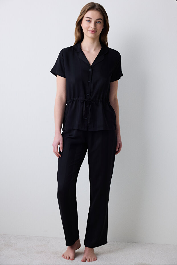 Fleur Satin Shirt Pants Black Pajama Set - Penti Loves Paris Collection