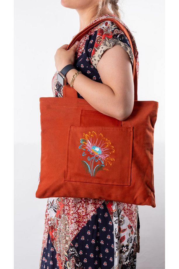 Butikmutik-lotus Çiçeği Nakış Işlemeli Fermuarlı Kanvas Bez Çanta ve Lotus Nakışlı Cüzdan - 3