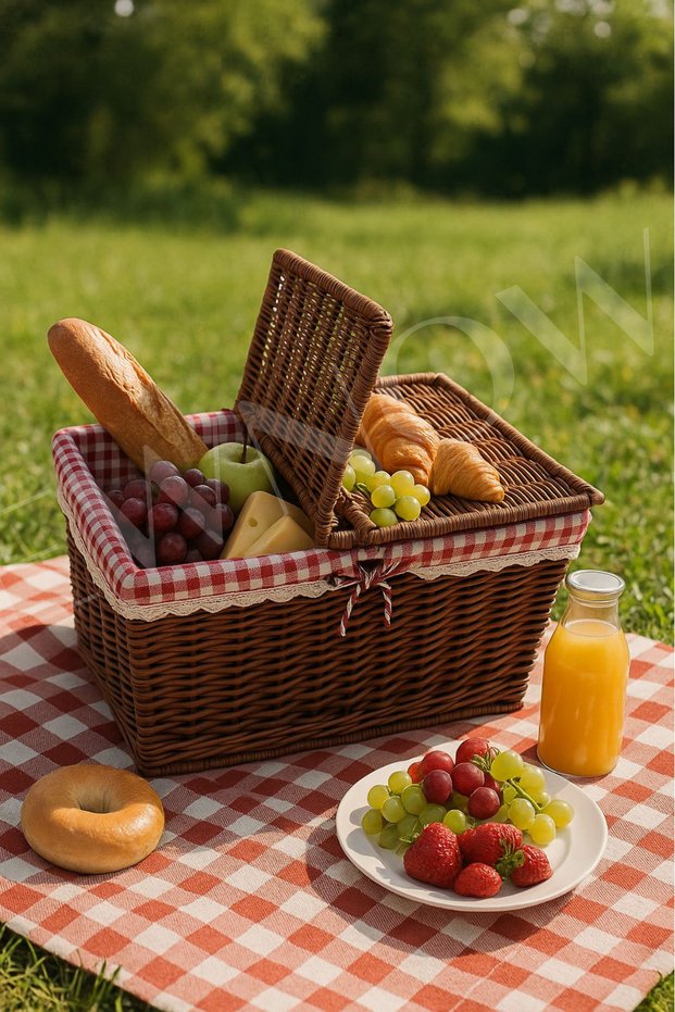 Star of Picnics, Handmade Wicker Basket with Lid, Red Plaid Detailed Picnic Basket Retro Elegance