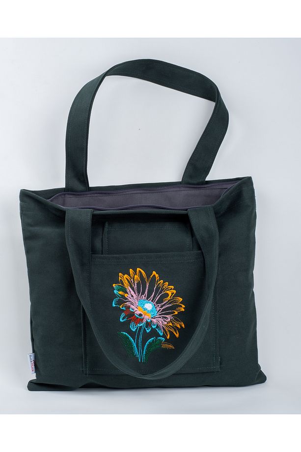 Butikmutik-lotus Çiçeği Nakış Işlemeli Fermuarlı Kanvas Bez Çanta ve Cüzdan Takım - 4
