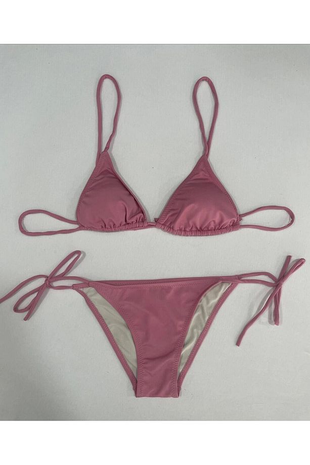 Kadın Gül Kurusu Boyundan İp Bağlamalı Üçgen Bikini Takımı HZL25S-LC5005 - 2