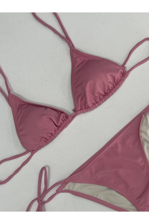 Kadın Gül Kurusu Boyundan İp Bağlamalı Üçgen Bikini Takımı HZL25S-LC5005 - 5