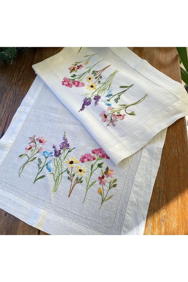 Kır çiçekli el nakış işlemeli 50x140 ölçülerinde Keten Kumaş Runner - 2