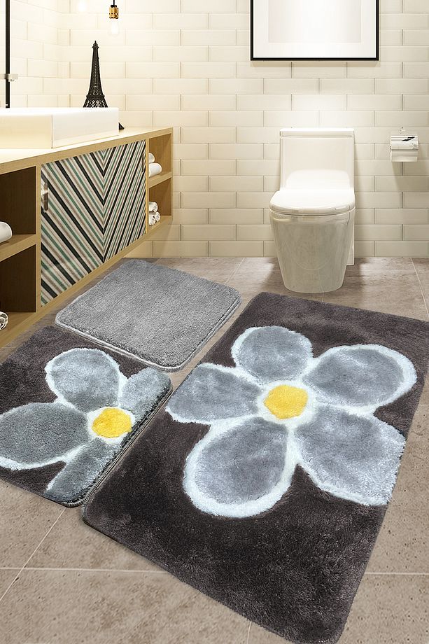 Flower Gri 3'lü Set Klozet Takımı, Banyo Paspas Seti Halısı Akrilik - 1
