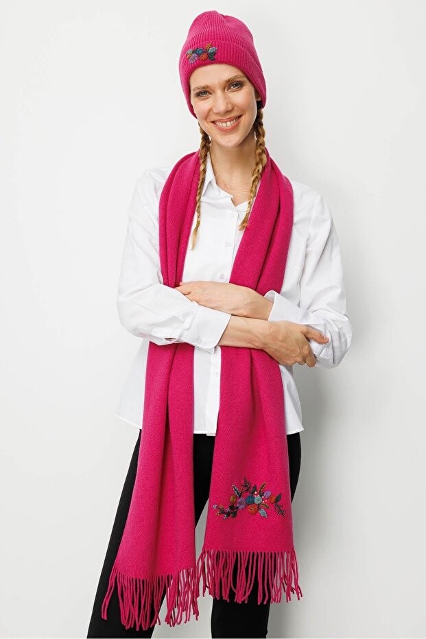 Women's Single Side Rococo Embroidery Embroidered Wool Kaşkol Sırfı