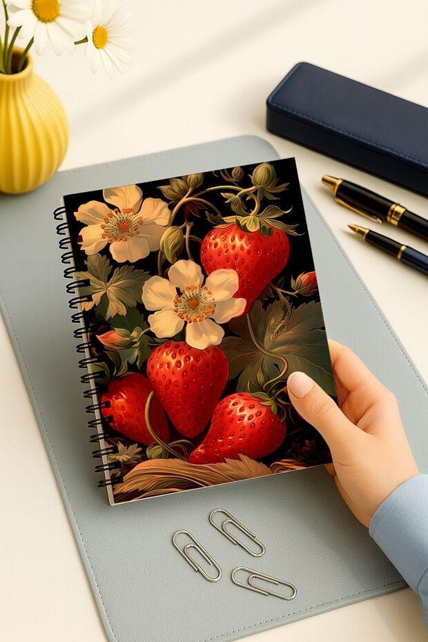 2'li Noktalı Defter Seti, A5 Boyutunda 50 Yaprak 100 Sayfa 2'li Set, Çilek - 3