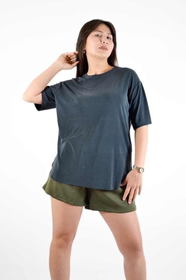 Sıfır Yaka Yan Yırtmaçlı Modal Basic T-Shirt - 2