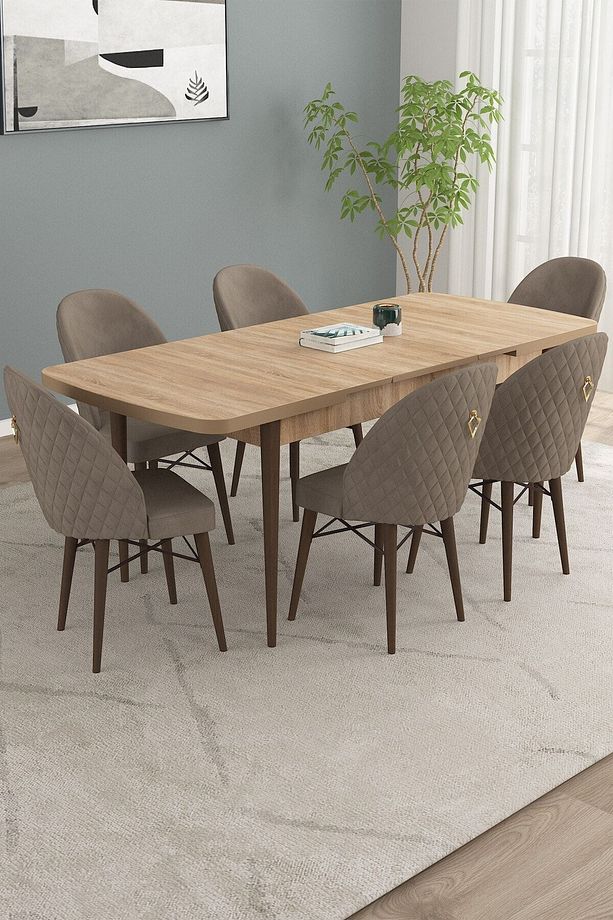 Calvin Meşe Desen 80x132 Mdf Açılabilir Mutfak Masası Takımı 6 Adet Sandalye - 2