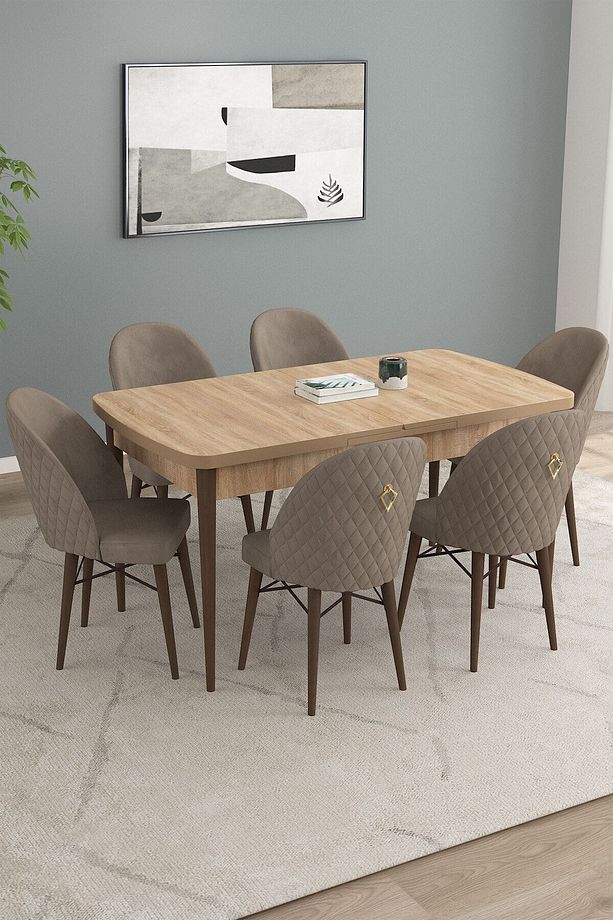 Calvin Meşe Desen 80x132 Mdf Açılabilir Mutfak Masası Takımı 6 Adet Sandalye - 1