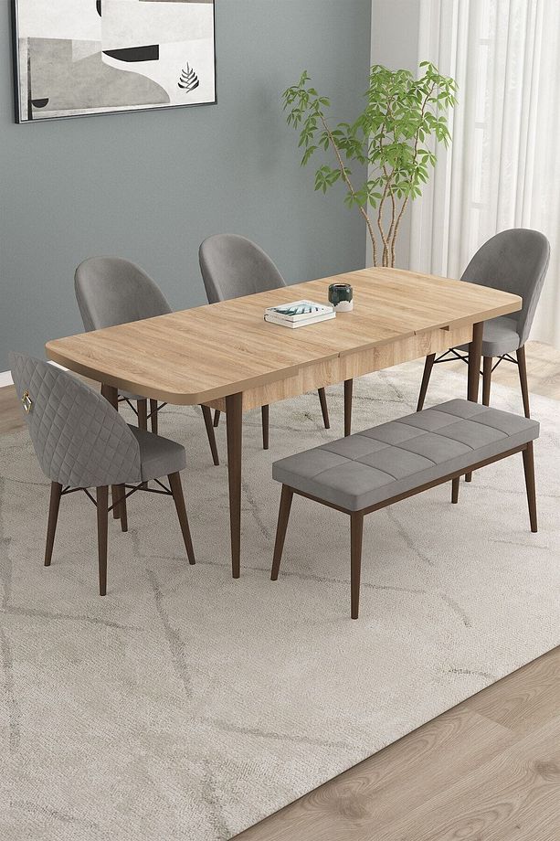Calvin Meşe Desen 80x132 Mdf Açılabilir Mutfak Masası Takımı 4 Sandalye, 1 Bench - 2