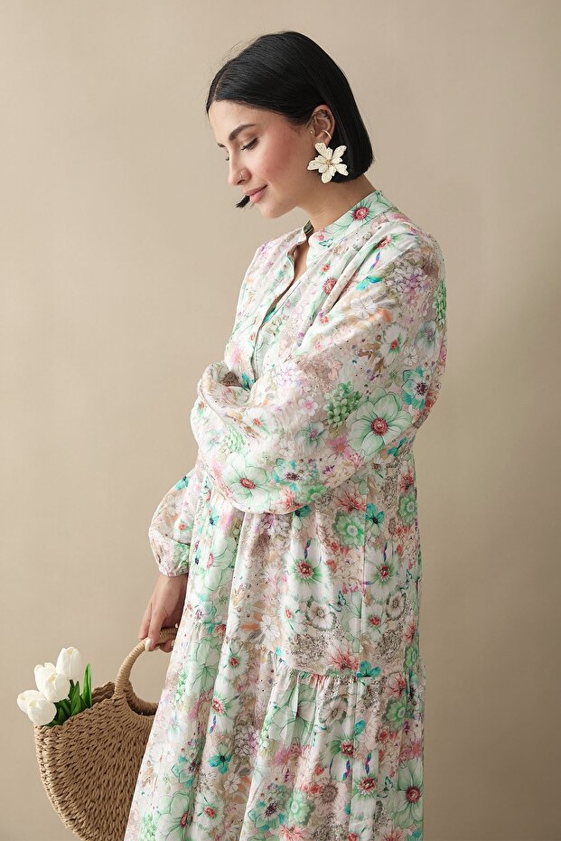 Nergis Çiçeği Yeşil Mango Elbise - 5