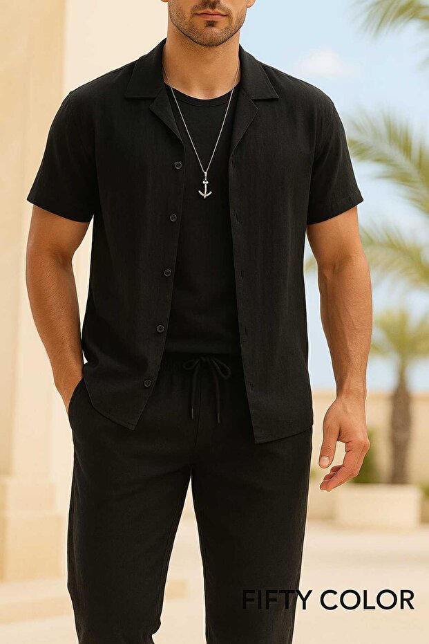 Men's Black Short Sleeve Shirt and Pants Wrinkle Crinkle Suit