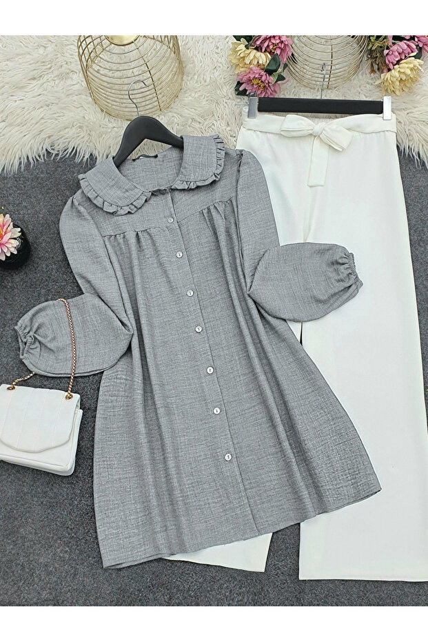 تونيك بأزرار من الرقبة إلى الأسفل - رمادي - 1